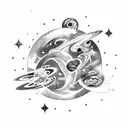 cosmic-themed, celestial scene featuring elements like planets, stars, galaxies, or nebulae. incorporate zodiac gemini tattoo design idea