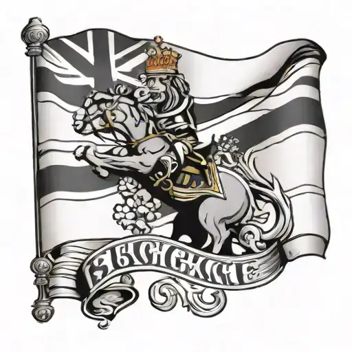 A bold and graphic design featuring the St. George's flag with a banner that reads 'Britain back British' tattoo design idea