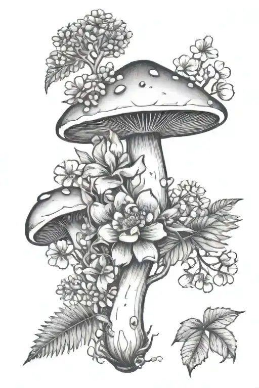 Dainty Mushroom thigh tattoo design incorporating fern leaves, magnolia flowers and other dainty florals tattoo design idea
