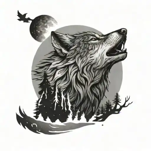 A fierce wolf howling at the moon with the silhouette of Van Gölü in the background tattoo design idea