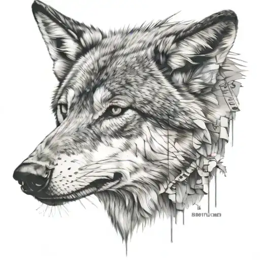 A detailed black and grey portrait of a wolf with the Van Gölü map etched into its fur tattoo design idea