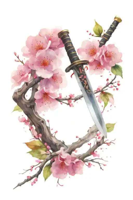 katana sword in ground next to cherry blossum tree tattoo design idea