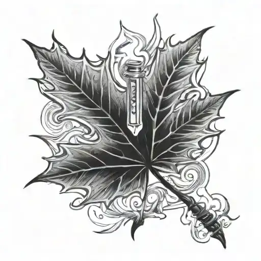 Maple leaf with a cutting torch stood infront tattoo design idea