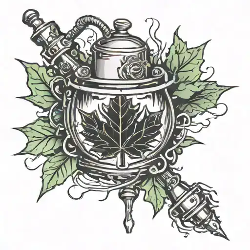 Maple leaf with a cutting torch and a welding stinger crossing over it diagonally and a welding hood in the middle tattoo design idea