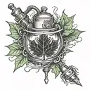 Maple leaf with a cutting torch and a welding stinger crossing over it diagonally and a welding hood in the middle tattoo design idea