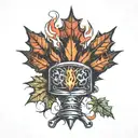 Maple leaf with a cutting torch and a welding stinger crossing over it diagonally and a welding hood in the middle tattoo design idea