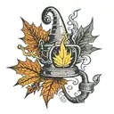 Maple leaf with a cutting torch and a welding stinger crossing over it diagonally and a welding hood in the middle tattoo design idea