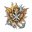 Maple leaf with a cutting torch and a welding stinger crossing over it diagonally and a welding hood in the middle tattoo design idea