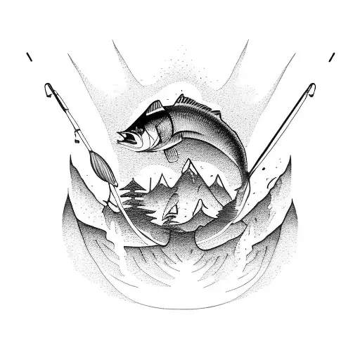 bass fishing mountain sunset  tattoo design idea