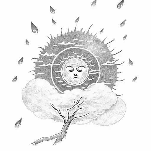 A tattoo with the sun being blocked by a cloud that’s full of rain, a tree with a raven on its branch and fireflies flyi tattoo design idea