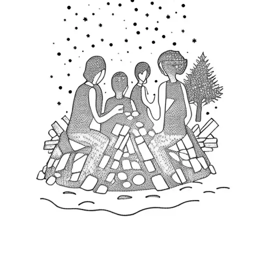 A dotwork tattoo of a group of friends sitting around a bonfire, surrounded by nature elements like trees and stars, symbolizing the bond of friendship and the joy of spending time together tattoo design idea