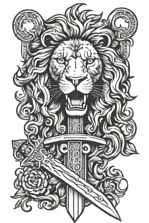 sword with lion face tattoo design idea