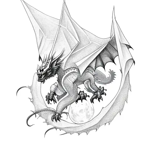 stack of books with dragon, hawk, full moon  tattoo design idea