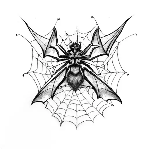 A bat with intricate spider web wings surrounded by delicate spider web flowers tattoo design idea