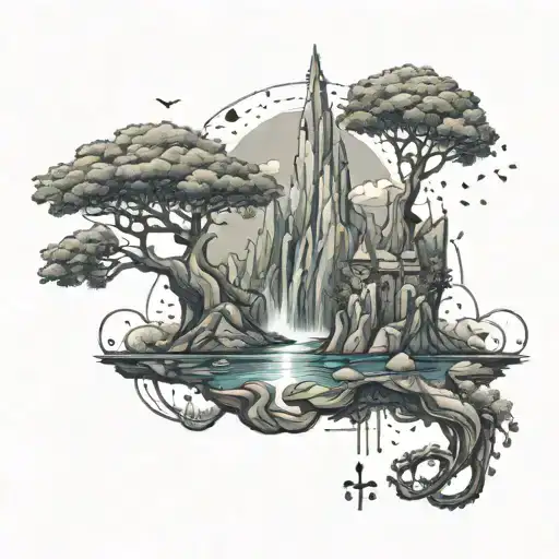 A tattoo combining elements of RPG games and science fiction, featuring a futuristic landscape with floating islands and magical creatures, incorporating waterfalls and lakes as key elements, with a hint of mathematical symbols in the background tattoo design idea
