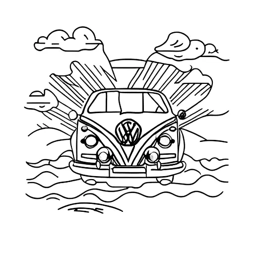 a 1970 Volkswagen type 2 bus, parked on a cliff, seeing it from behind on its left side, with a background of a sunset tattoo design idea