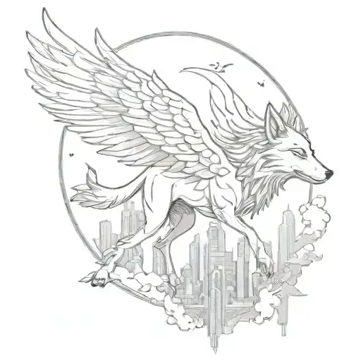 and a winged wolf will fly across the sky over the city tattoo design idea