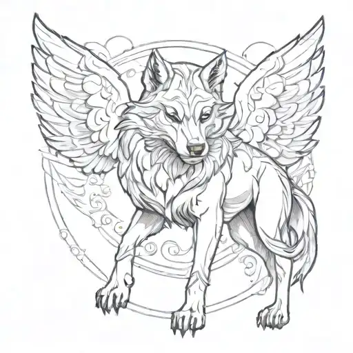 a winged she-wolf in a frame looks straight ahead and puts her paw forward tattoo design idea
