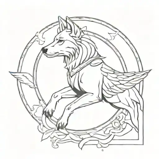 a winged she-wolf in a frame puts her paw forward tattoo design idea