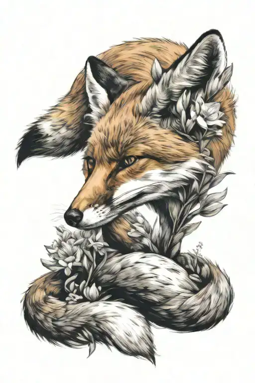 Full body of a fox, with head down and tail up. Has a hyacinth flower in its mouth tattoo design idea