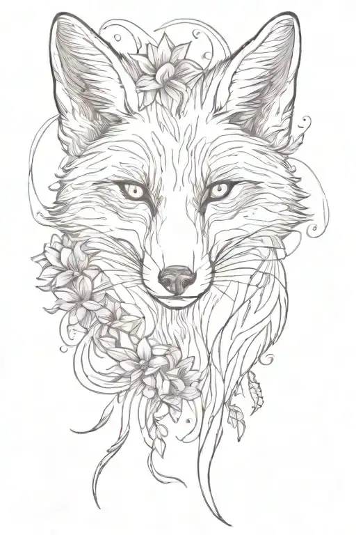 Fox in burnt-orange lines, with a purple hyacinth flower in its mouth. Fox moving, with head down, and tail up. tattoo design idea