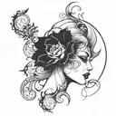 An intricate design featuring elements of darkness and light merging together, symbolizing the duality of femininity tattoo design idea