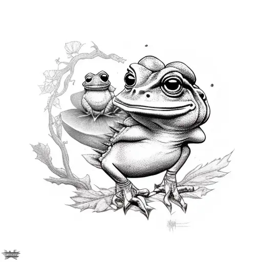 witch frog, two baby ducks, fall florals, spring florals, whimsygoth tattoo design idea