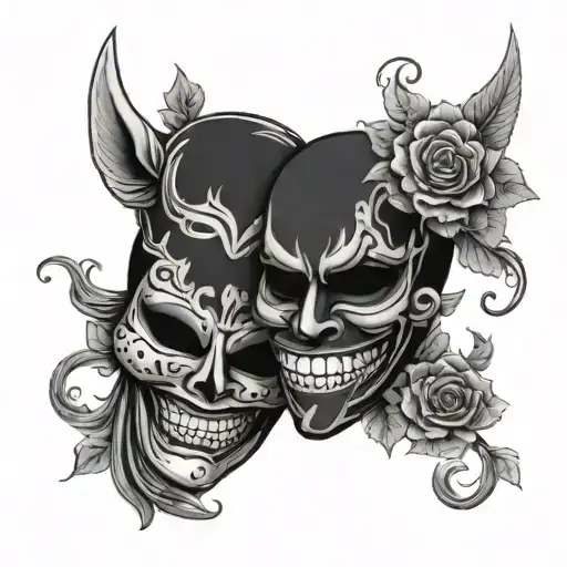 laugh now cry later masks tattoo design idea