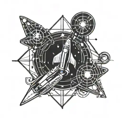 A minimalist tattoo design incorporating aerospace engineering symbols and technology elements, such as a rocket ship soaring through the cosmos tattoo design idea