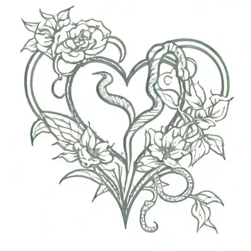 small dagge with two snakes wrapped around it snakes tails forms a heart larkspur flowers also wrapped around dagger  tattoo design idea