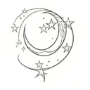 crescent moon with 3 stars and 777 angel number  create a  minimilistic tattoo tattoo design idea