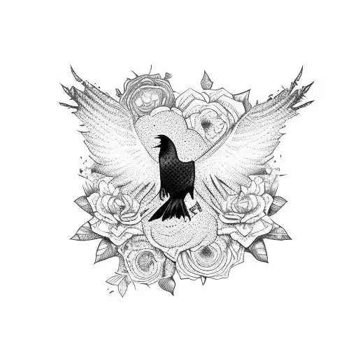 A blackwork tattoo of a raven sitting on a vinyl record player with flowers growing from the turntable tattoo design idea