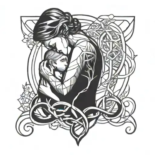 A tattoo of a geometric infinity symbol intertwined with a silhouette of a mother holding her child, symbolizing eternal love and connection tattoo design idea
