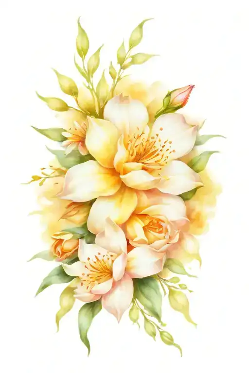 Colorful flower bouquet tattoo design featuring jasmine, lily, peony, and rose blossoms, with delicate stems tattoo design idea