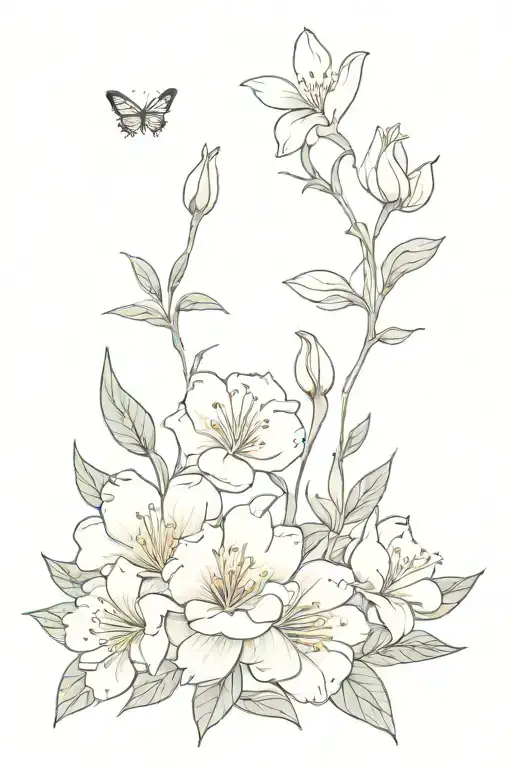 Colorful flowers tattoo design featuring jasmine, lily, peony, and rose blossoms, with delicate stems tattoo design idea