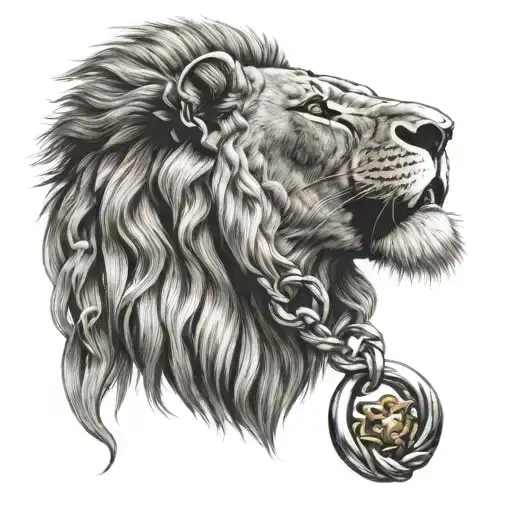 lion with boxing glove pendant and Cuban link chain around the lions neck tattoo design idea