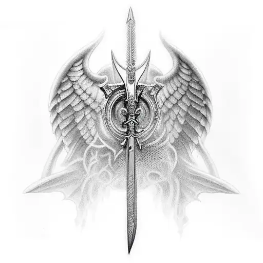 kneeling gaurdian angel sword dark male tattoo design idea