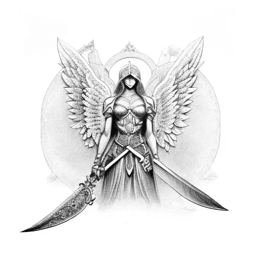kneeling gaurdian angel sword tattoo design idea