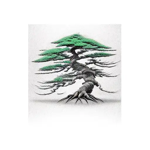 A traditional tattoo of a bonsai tree with delicate branches and vibrant green leaves, symbolizing strength and tranquility tattoo design idea