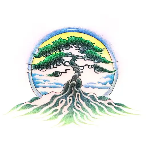 A traditional tattoo of a bonsai tree with delicate branches and vibrant green leaves, symbolizing strength and tranquility tattoo design idea