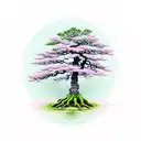 A traditional tattoo of a bonsai tree with delicate branches and vibrant green leaves, symbolizing strength and tranquility tattoo design idea