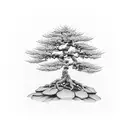 A traditional tattoo of a bonsai tree with delicate branches and vibrant green leaves, symbolizing strength and tranquility tattoo design idea