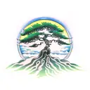 A traditional tattoo of a bonsai tree with delicate branches and vibrant green leaves, symbolizing strength and tranquility tattoo design idea