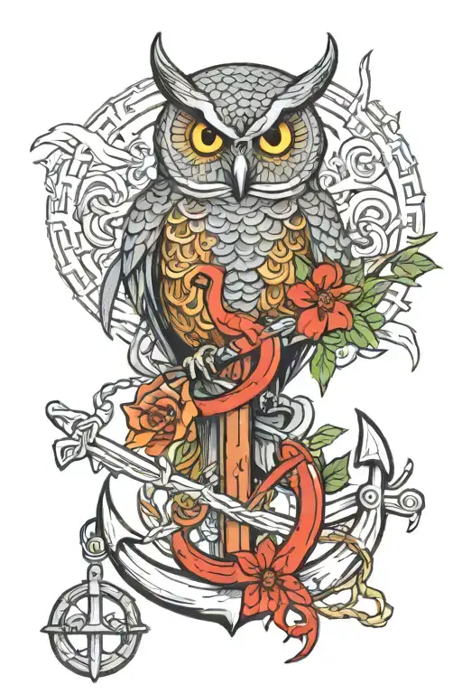 A detailed coloring book scene featuring an owl perched on an anchor, surrounded by red hot chili peppers tattoo design idea