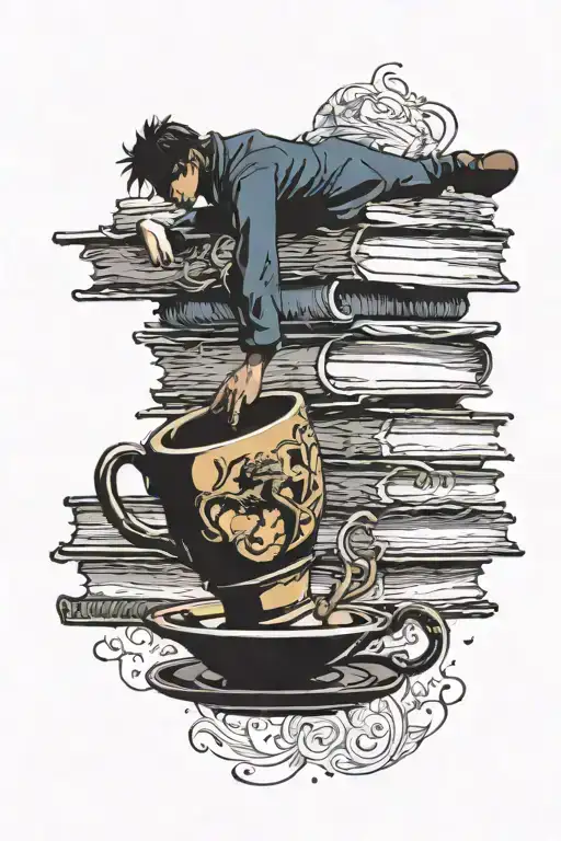 Tea cup on a pile of books with dark man on horse reaching hand out  tattoo design idea