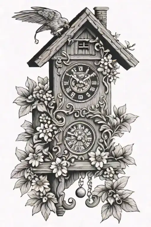 cuckoo clock German with pretzel and edelweiss flowers around simple and delicate  tattoo design idea