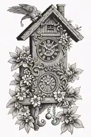 cuckoo clock German with pretzel and edelweiss flowers around simple and delicate  tattoo design idea