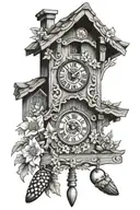 cuckoo clock German with pretzel and edelweiss flowers around simple and delicate  tattoo design idea
