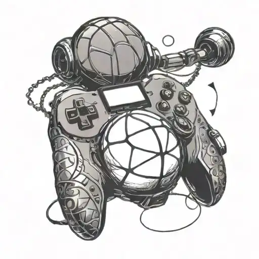 A gaming controller intertwined with a basketball, showcasing the client's interest in gaming and sports tattoo design idea
