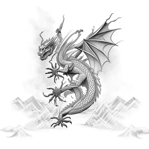 Dragon flying over the cuban sea and the greek godess of voctory tattoo design idea